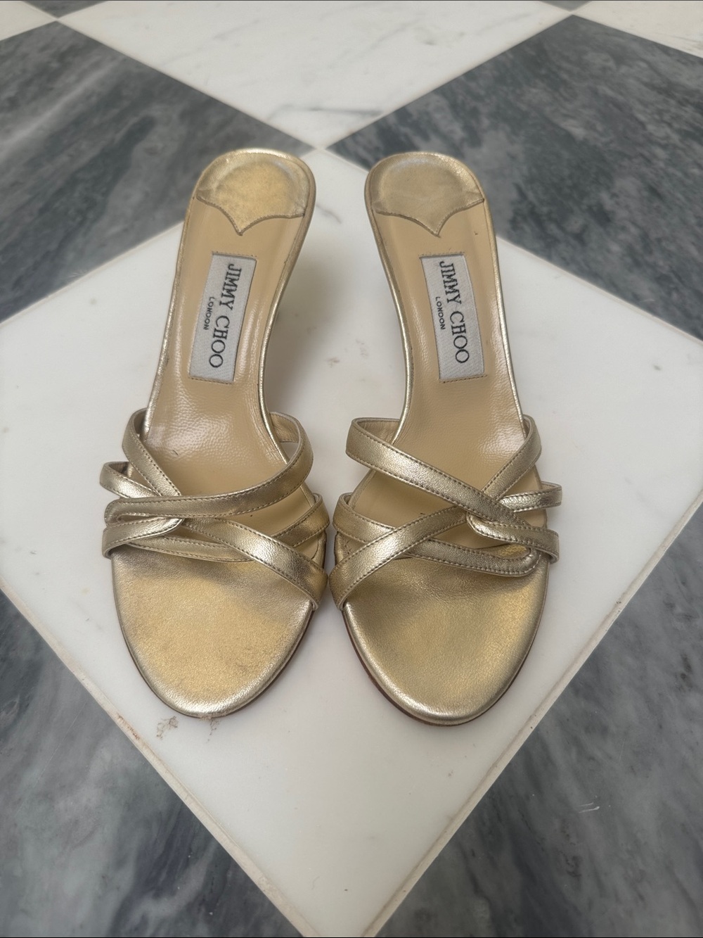 Jimmy Choo Metallic Gold Cross-Strap Mules